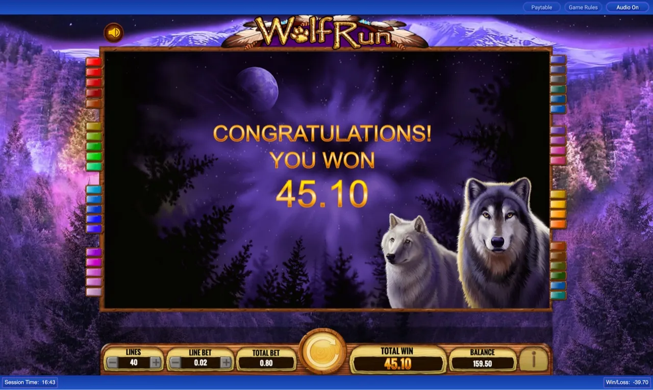 Round three end summary, 'CONGRATULATIONS! YOU WON 45.10' full-screen wolf banner