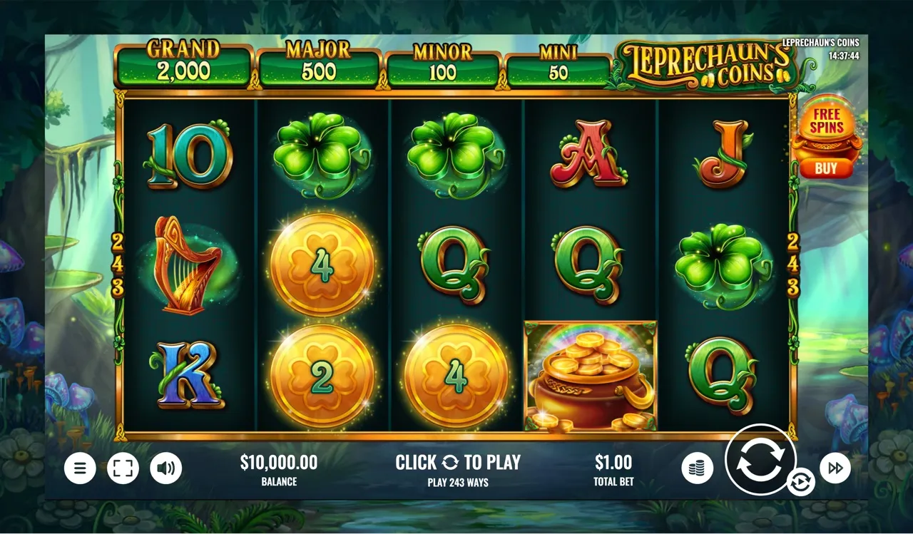 Opening base-game screen with a clean 10,000 balance, the four-tier pot ladder above the reels and numbered gold coins waiting on the grid