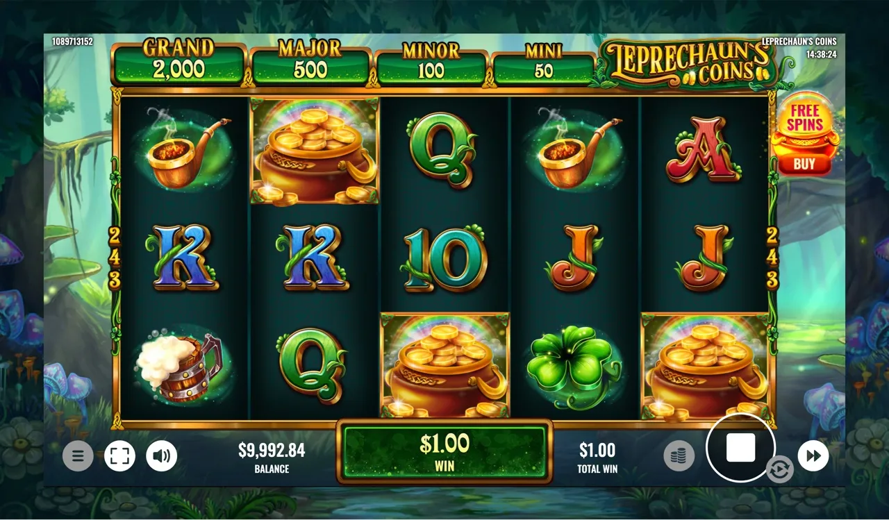 Three pot-of-gold scatters with a rainbow highlight on the base reels, the first free-spins trigger landing