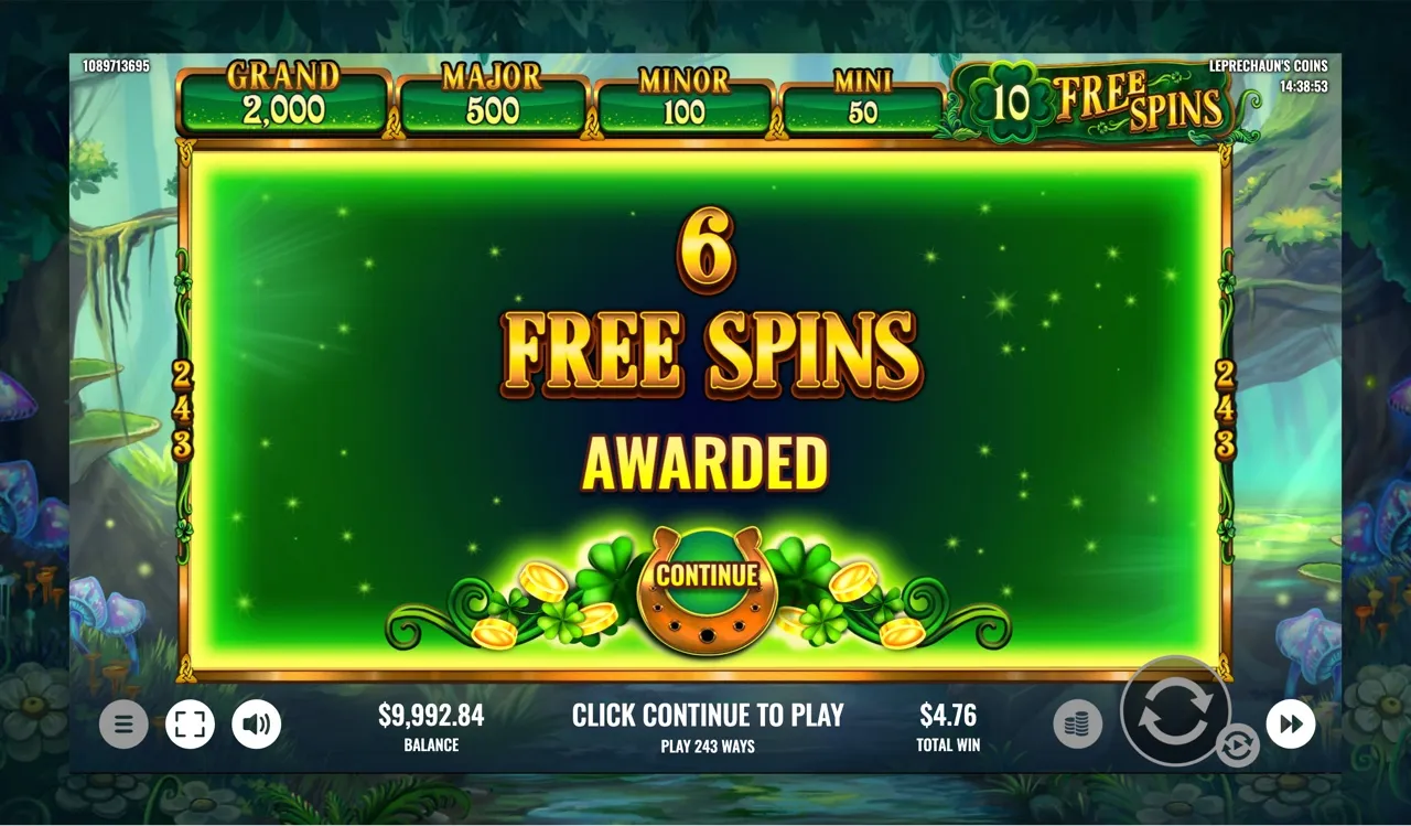 In-feature retrigger banner adding 6 free spins, the on-screen counter climbing to 10 with a running total of 4.76