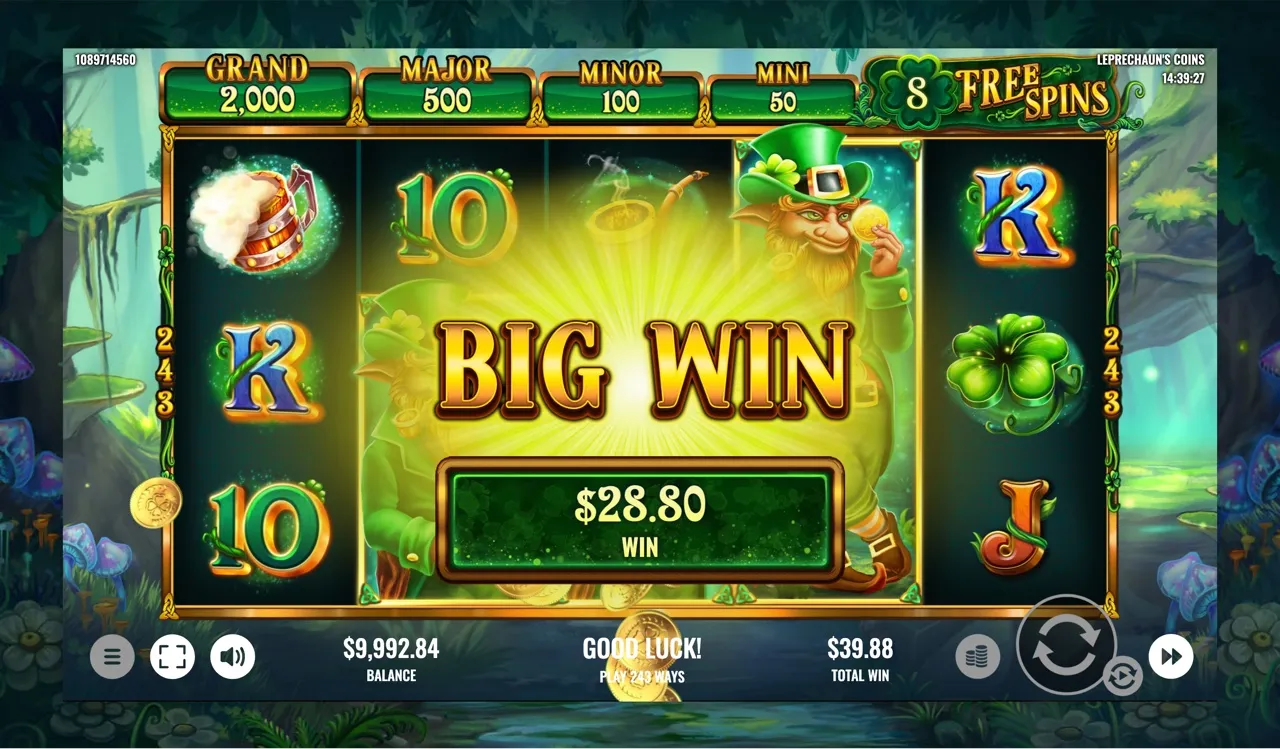 BIG WIN 28.80 celebration inside the first free-spins round, total win climbing to 39.88
