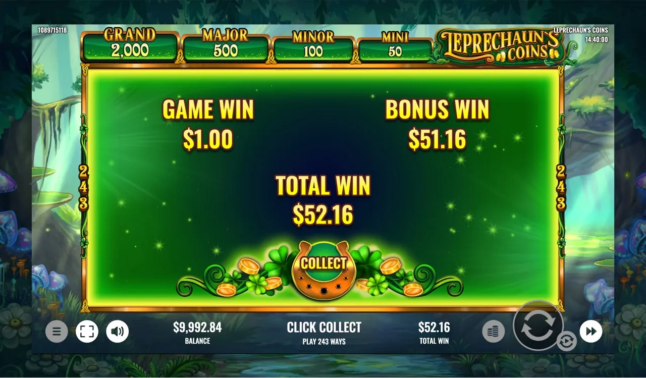 First free-spins collect summary: game win 1.00 plus bonus win 51.16 equals a 52.16 total