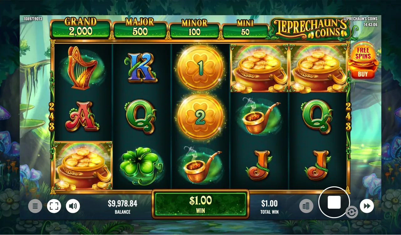 Second free-spins trigger with pot scatters and coins on the grid, a 1.00 trigger win