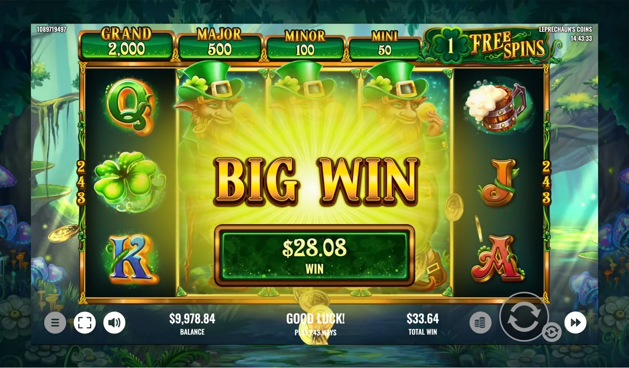 BIG WIN 28.08 immediately following the 17.98, total win climbing to 33.64 as stacked leprechauns fill the reels