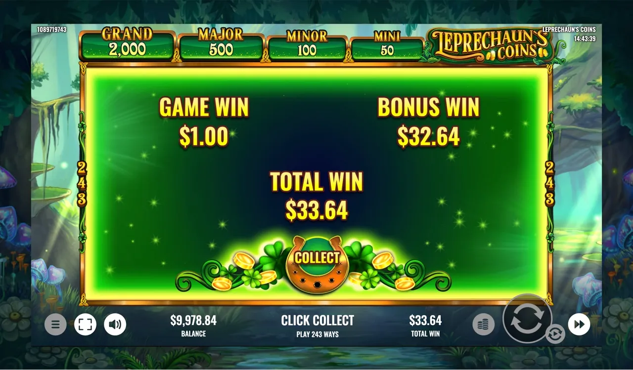 Second free-spins collect summary: game win 1.00 plus bonus win 32.64 equals a 33.64 total