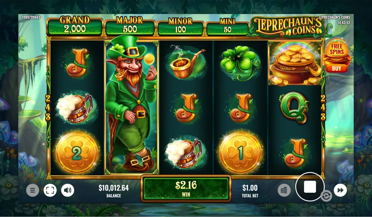 A 2.16 base-game win with a stacked leprechaun on reel two, the largest single base hit of the run