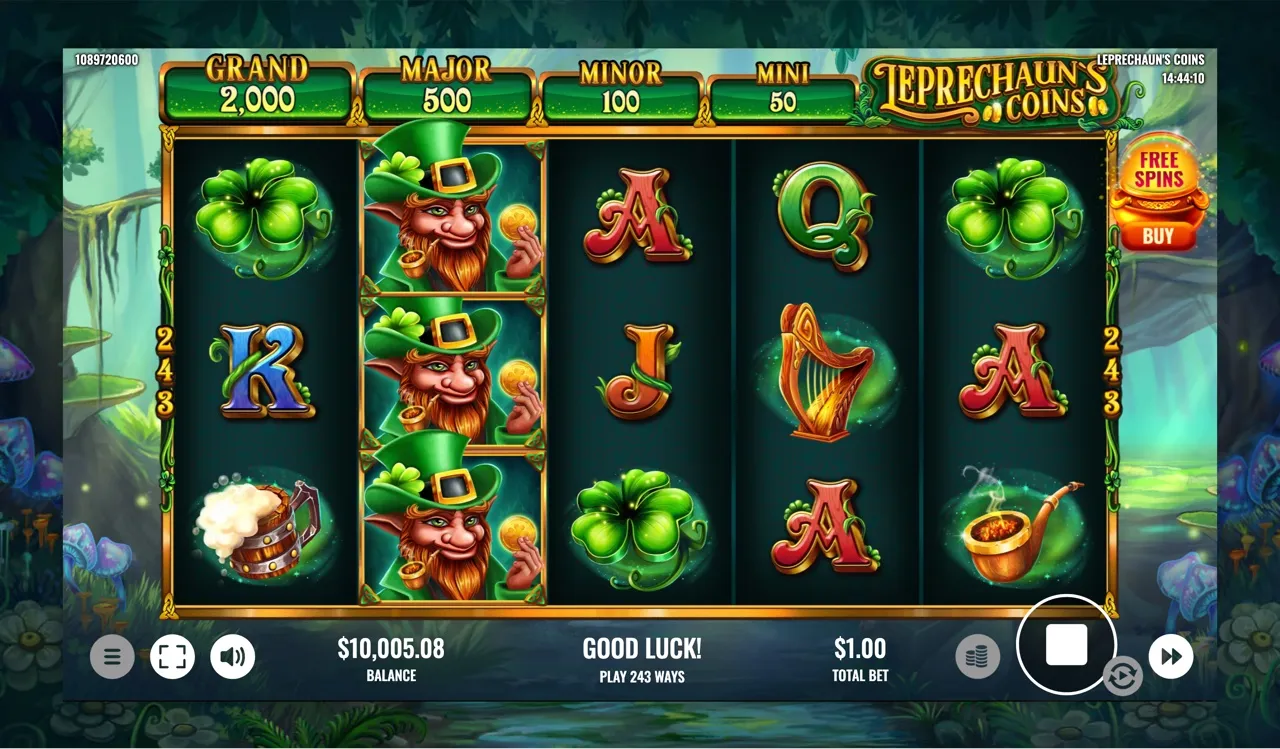 Closing screen with the balance reading 10,005.08, a GOOD LUCK spin idle and a stacked leprechaun column on the right reel