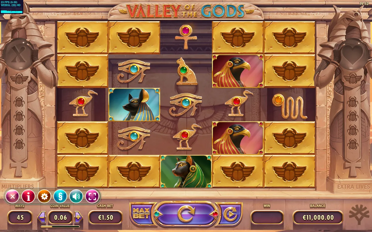 Idle Valley of the Gods reels showing 45 ways, a €1.50 bet and an €11,000 balance
