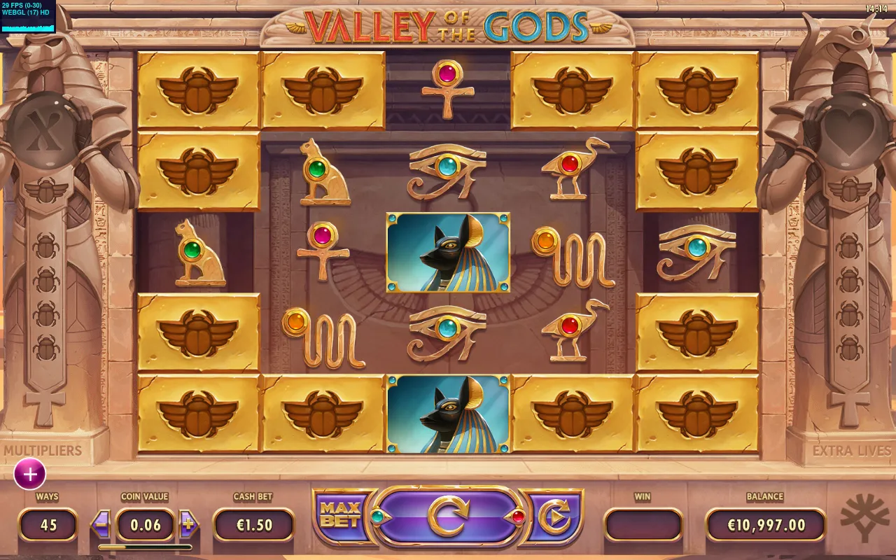 Valley of the Gods 5x5 grid with two stacked Anubis idols on the centre column