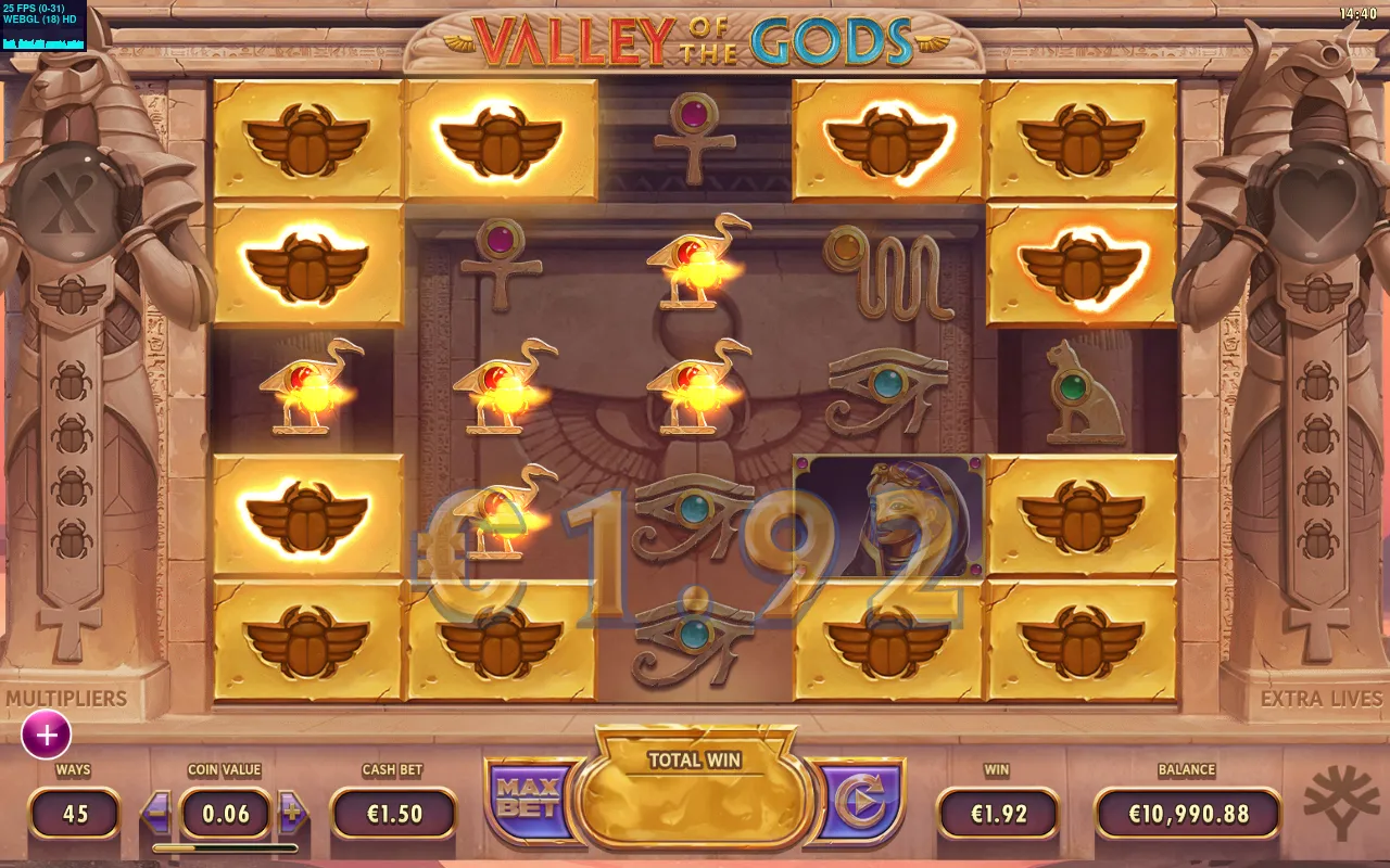 €14.40 cascade with cat goddess and Anubis columns, ways counter at 1,125