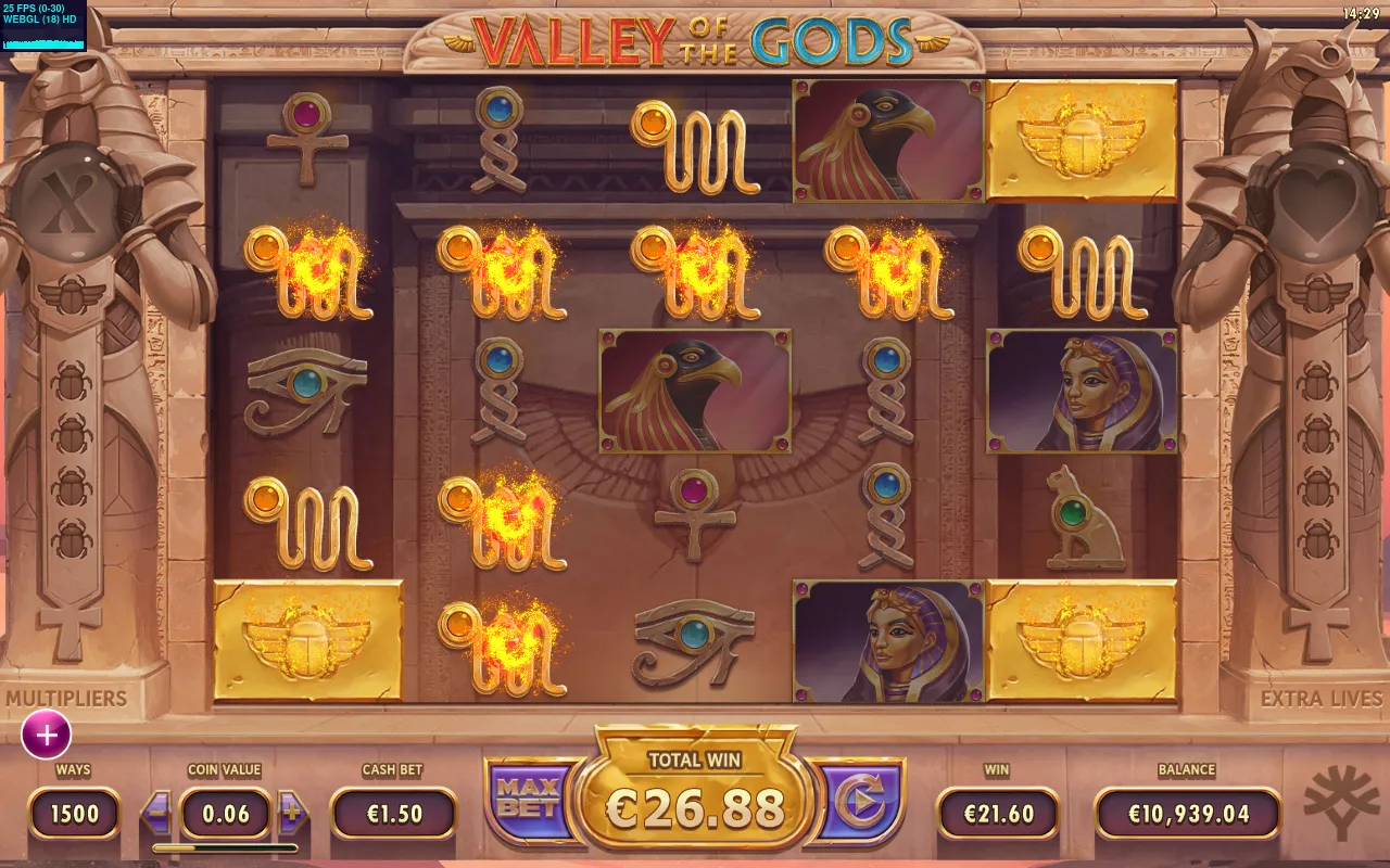 €26.88 cascade with flaming serpent and scarab tiles, ways counter at 1,500