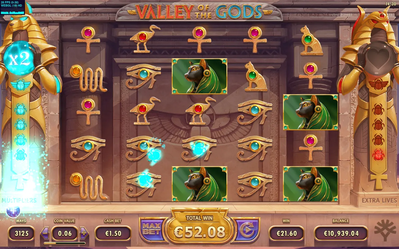€52.08 total win with cat goddesses on the centre column and the x2 obelisk active
