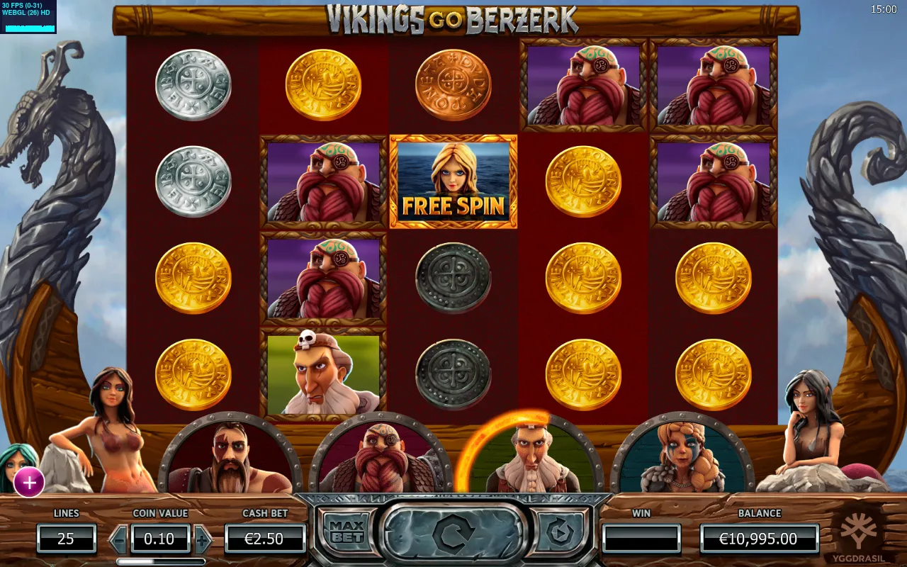 Vikings Go Berserk reels showing the 25-payline grid at a 2.50 bet