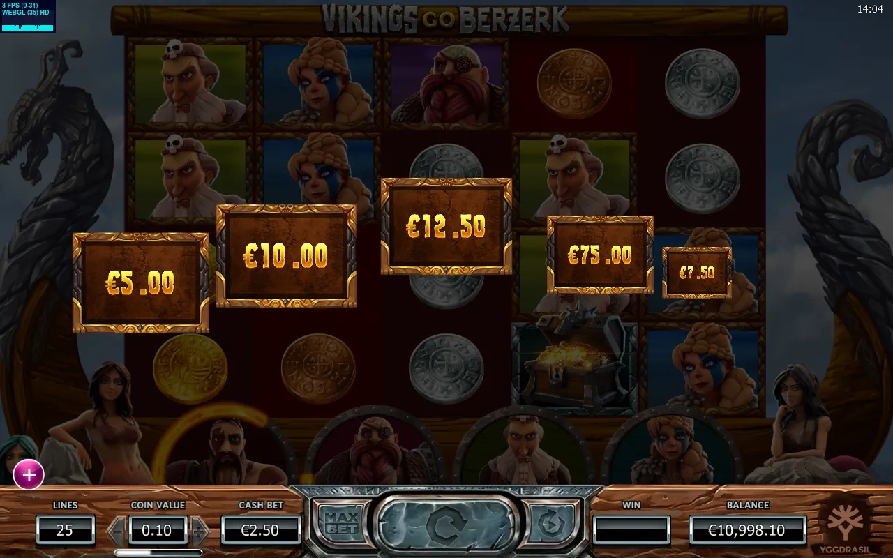 Base-game payout led by a 75.00 line win with a treasure-chest symbol on reel four