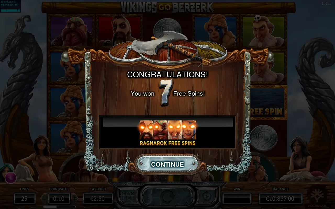 Congratulations panel awarding 7 Ragnarok Free Spins