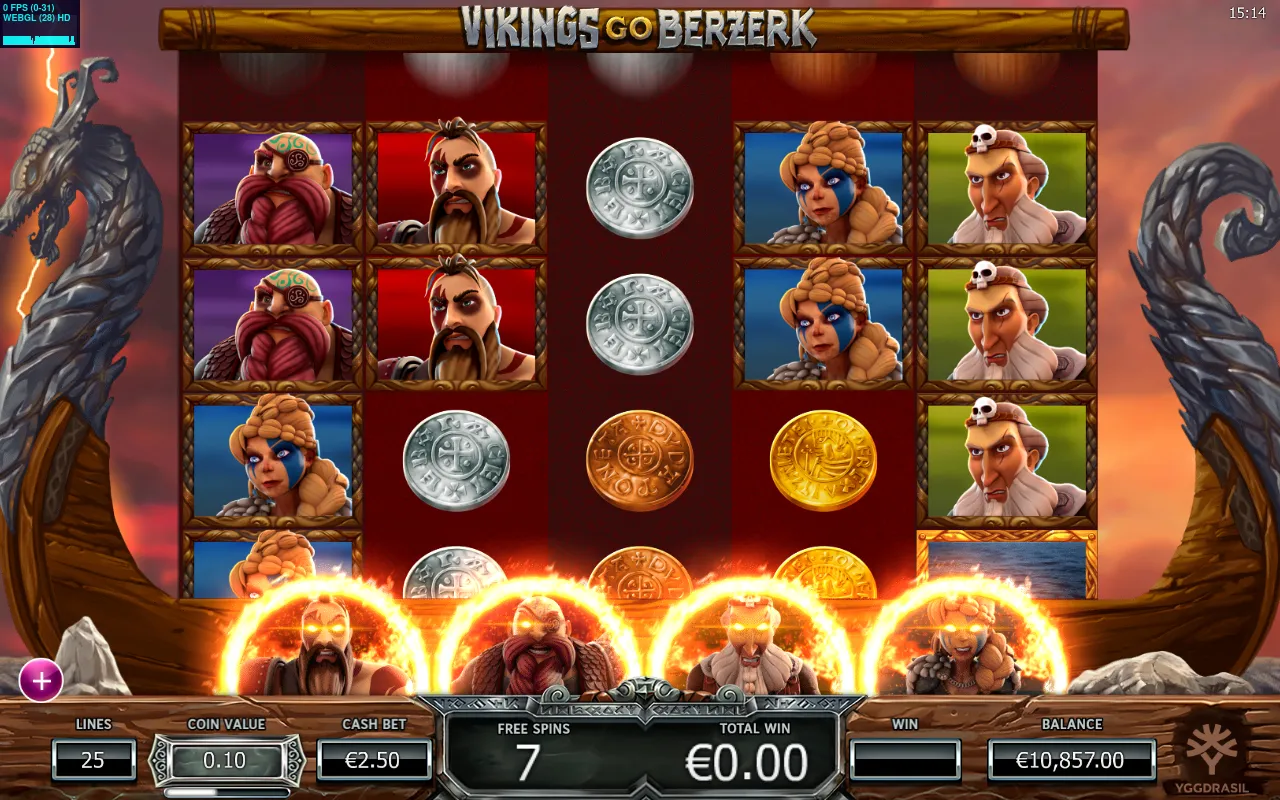 Free Spins start screen at sunset with 7 spins and four flaming Vikings