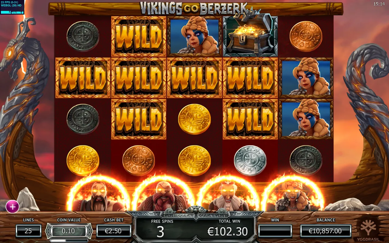 Berserk WILDs across reels one to four with a flaming chest, 102.30 total