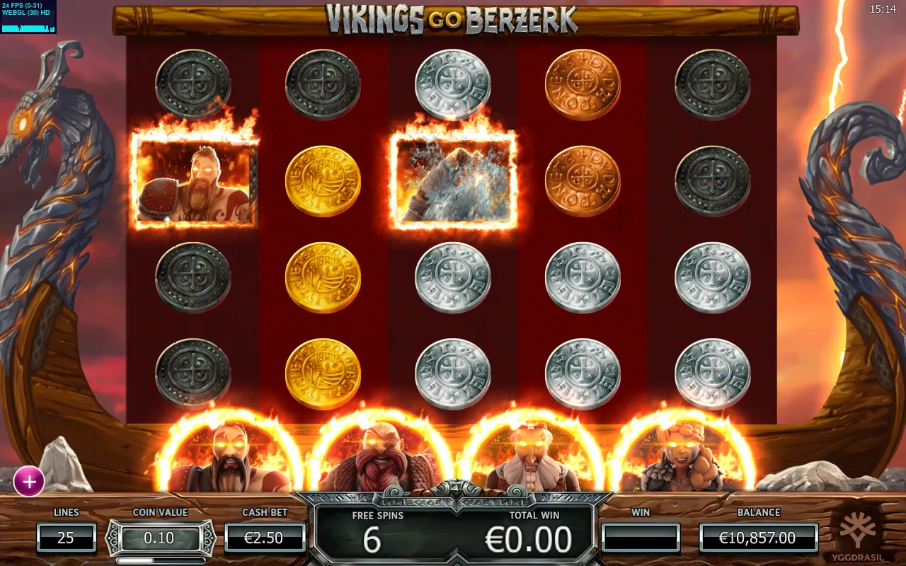 Two Vikings in flaming Berserk frames beside reel one, 6 spins left