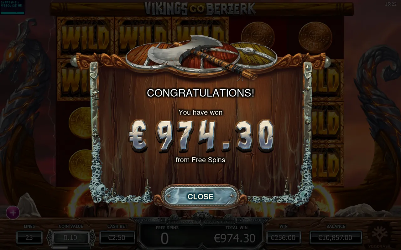 Congratulations scroll showing a 974.30 Free Spins win